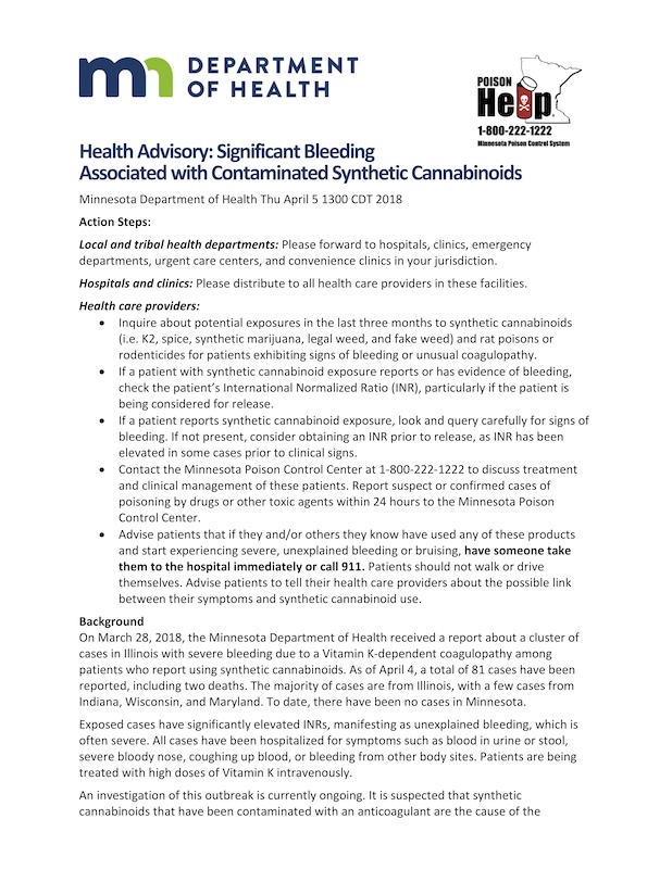 Health Advisory: Internal Bleeding Linked to Synthetic Cannabis Use